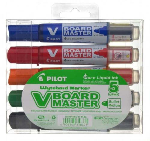 Sada popisovačů PILOT vBoard Master BeGreen na bílé tabule, 5 barev